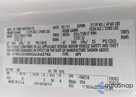 2016 Ford Escape Se из США, поврежденный, VIN 1FMCU0G95GUA42782